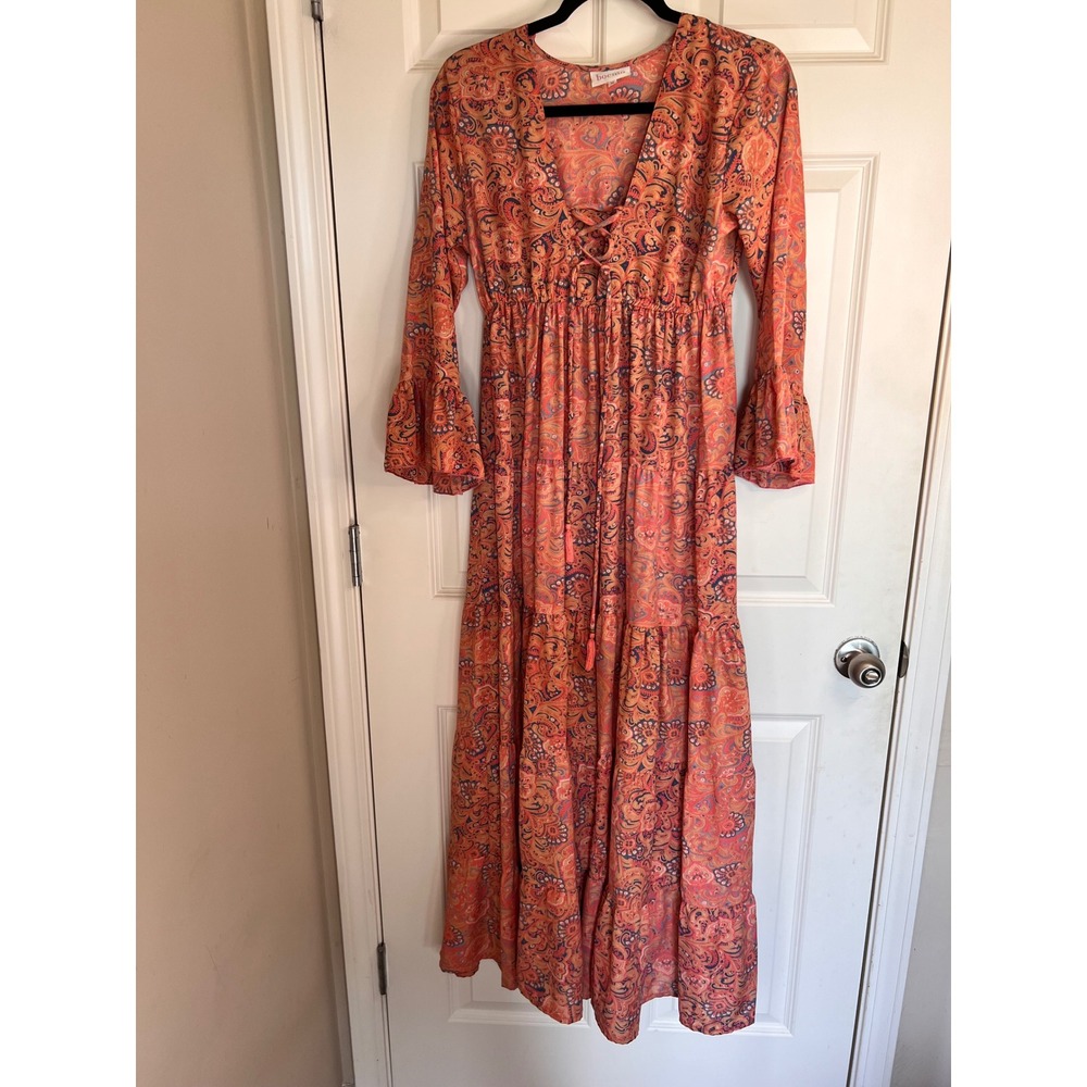 Boemo Anthropology‎ Paisley Maxi Dress Long Sleeve Tiered Bohemian Dress Medium